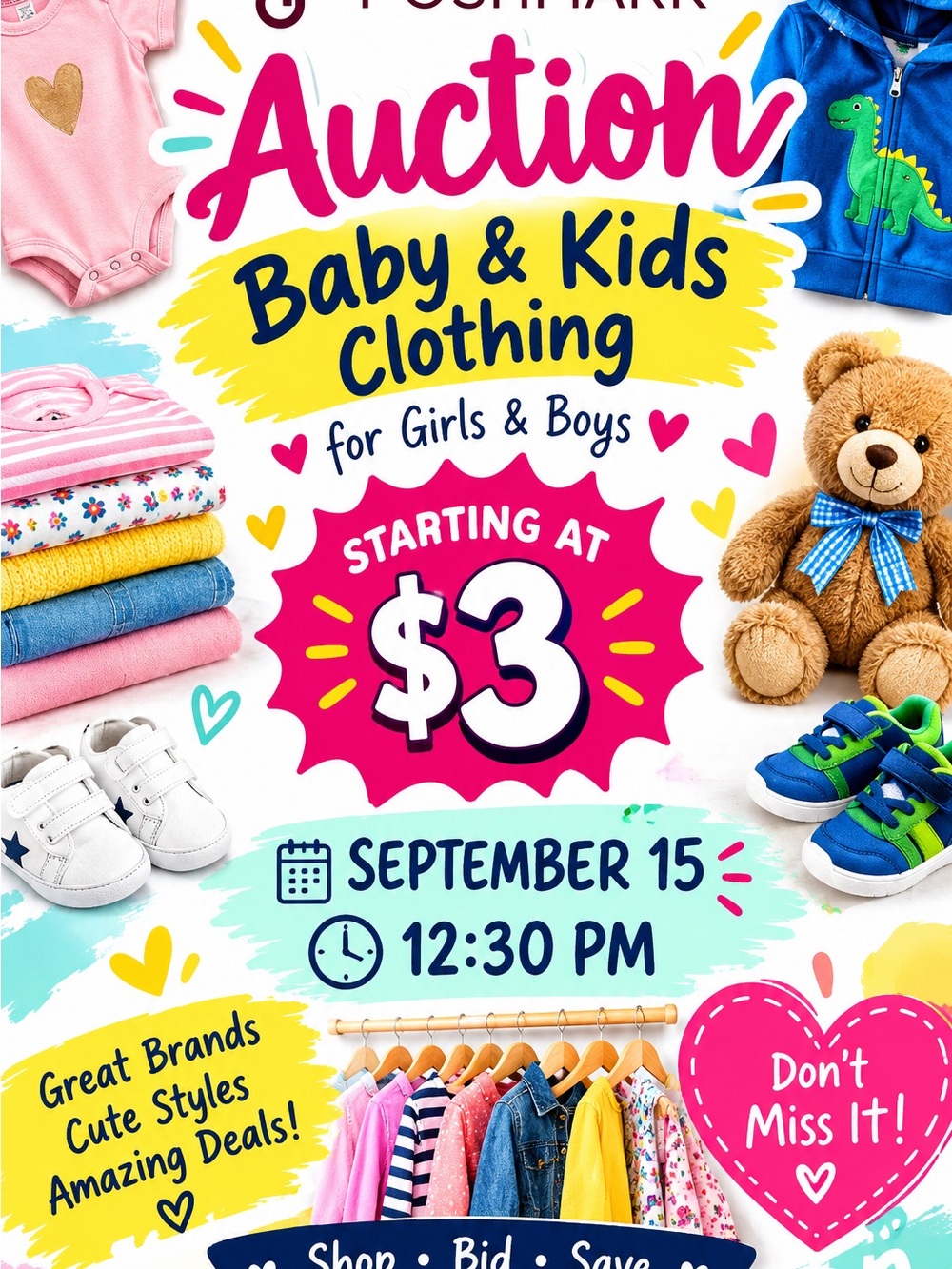 Colorful Kids & Baby Clothing Auction Poster – Blue, Pink, Navy, Cream